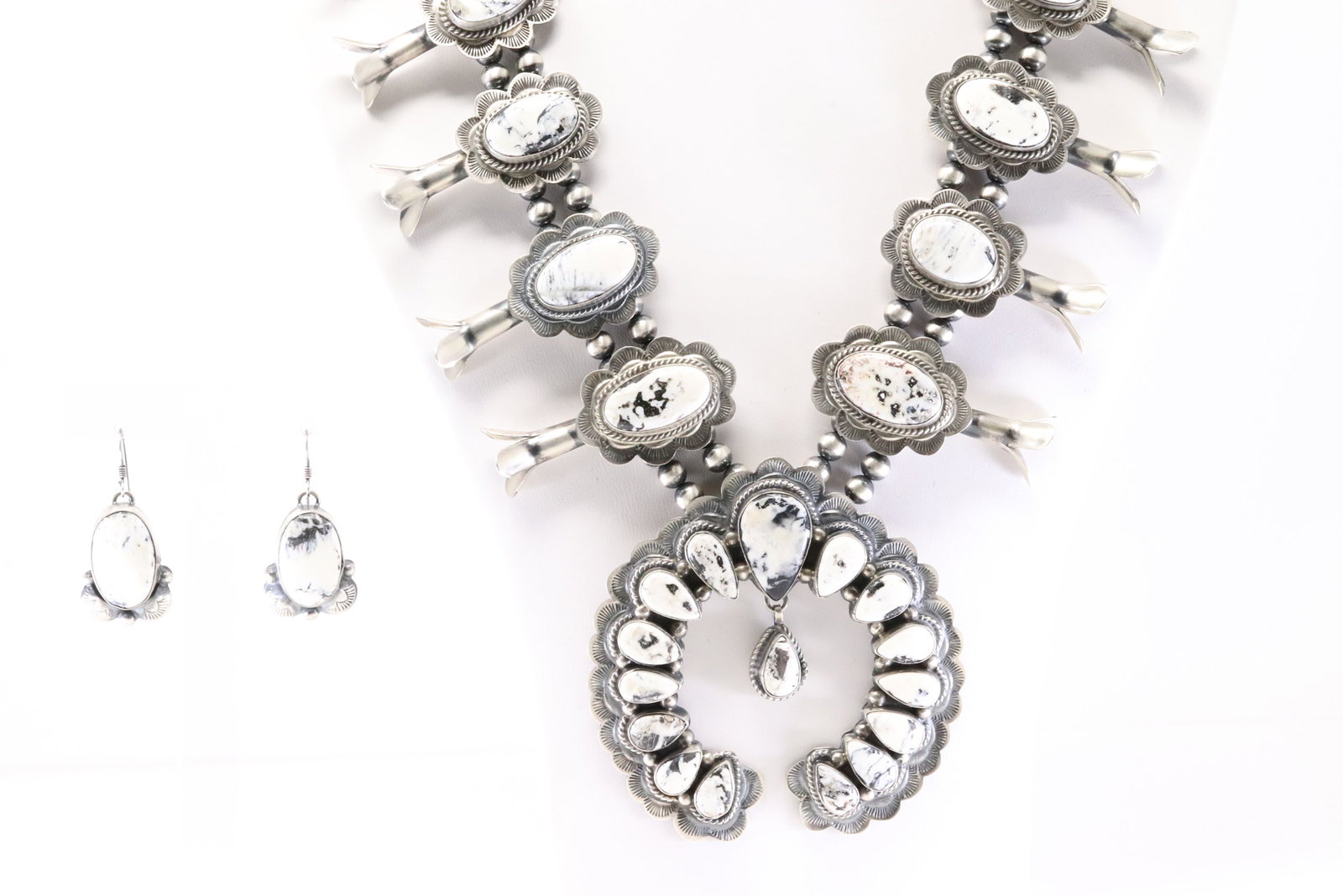 Native American Navajo Sterling Silver White Buffalo Squash Blossom Necklace & Earring's Set KEE-I.: This is a Native American Navajo Sterling Silver White Buffalo Squash Blossom Necklace & Earring's Set KEE-I. Stamp KEE-I. Necklace Length: 26.00.