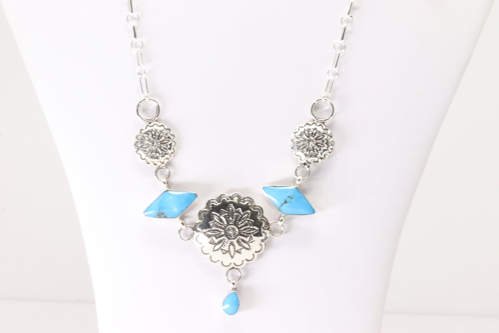 Native America Navajo Sterling Silver Turquoise Necklace By Gwendolyn Burnside. From R.B Company. (1 of 4)