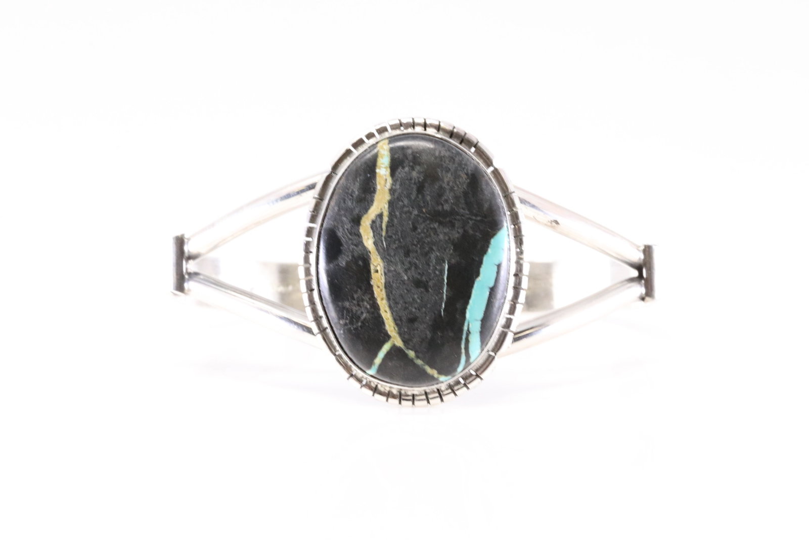 Native America Navajo Sterling Silver Turquoise & Black Stone Bracelet Cuff By S.E. (1 of 4)