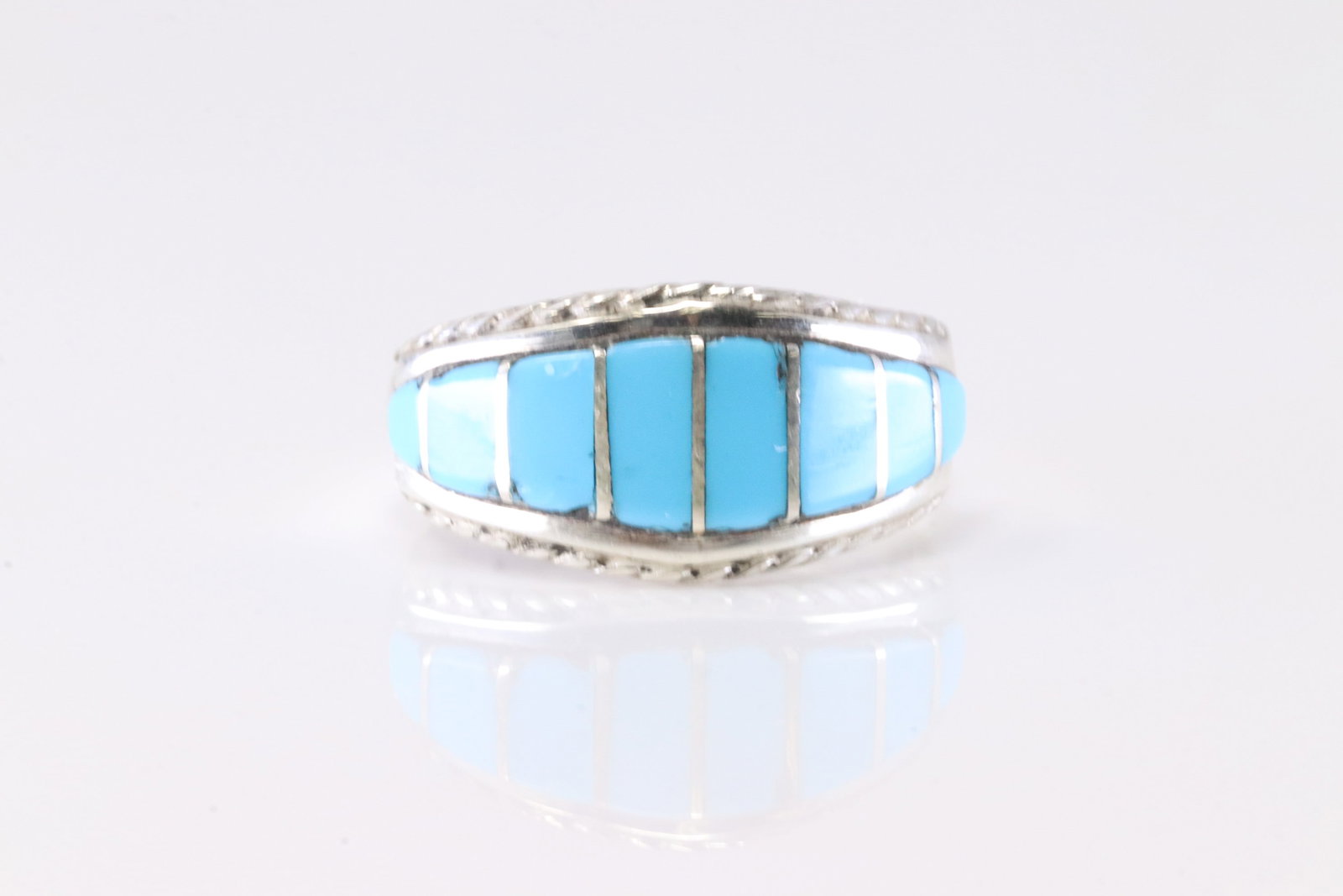 Native America Navajo Sterling Silver Turquoise Inlay Ring By MP. (1 of 4)