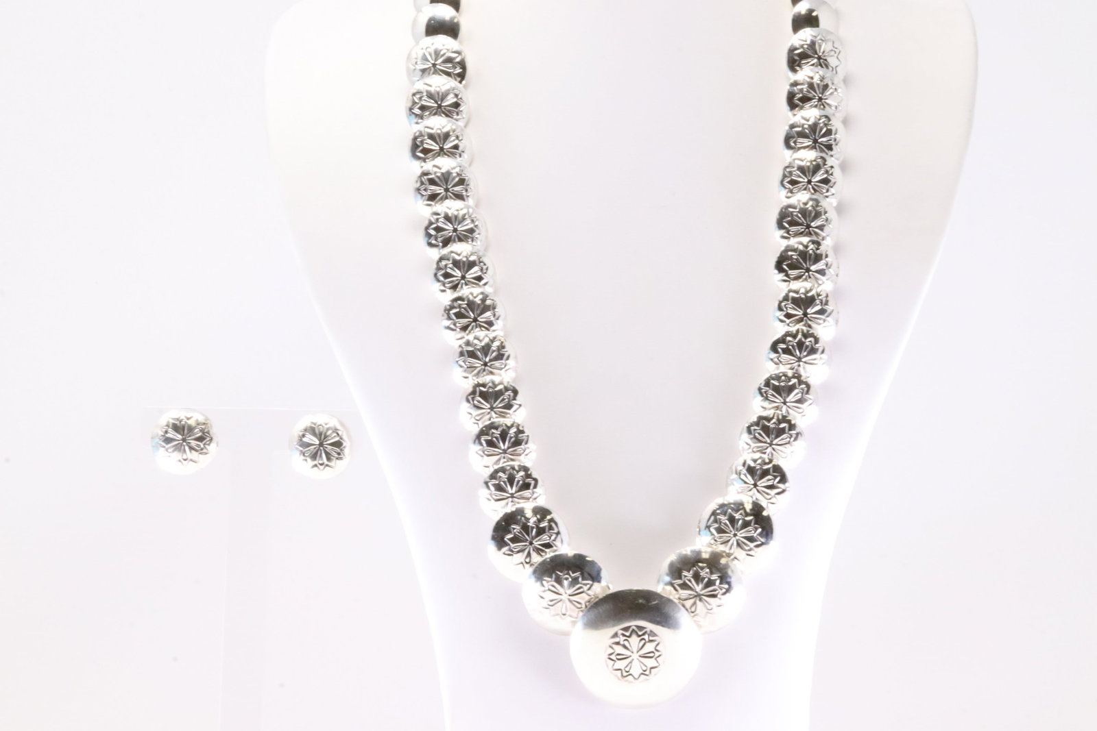 Native America Sterling Silver Pearl Beaded Stamp Necklace & Earring's Set.: This is a Native America Sterling Silver Pearl Beaded Stamp Necklace & Earring's Set. Necklace length: 20.00"