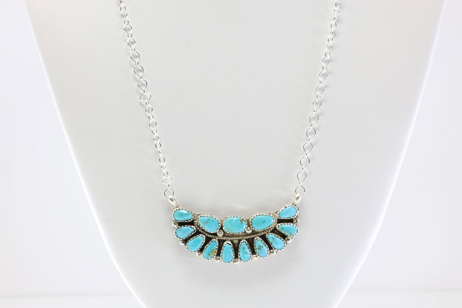 Native America Navajo Sterling Silver Turquoise Necklace By EJW.: This is a Native America Navajo Sterling Silver Turquoise Necklace By EJW. Stamp EJW. Necklace Length: 19.00.