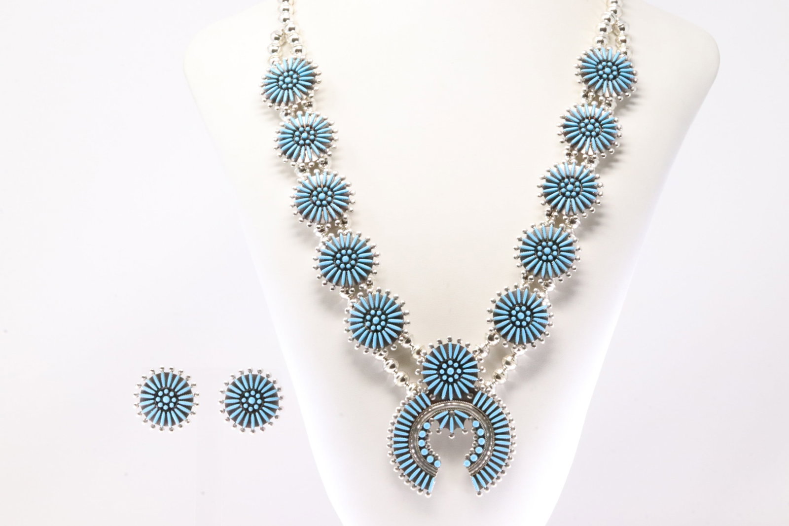 Native America ZuniSterling Silver Turquoise Necklace & Earring's Set By Sibert Bowannie S.: This is a Native America ZuniSterling Silver Turquoise Necklace & Earring's Set By Sibert Bowannie S. Necklace length: 28.00"