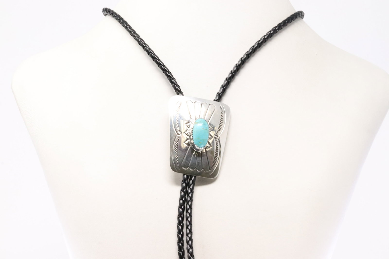 Native America Navajo Sterling Silver Turquoise Pendant / Bolo Necklace By Joann Begay.: This is a Native America Navajo Sterling Silver Turquoise Pendant / Bolo Necklace By Joann Begay. Stamp J.B. Necklace length: 40.00"