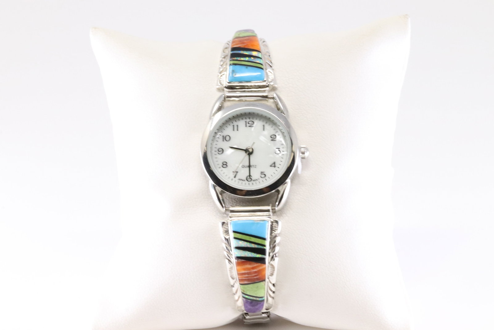 Navajo America Sterling Silver Multi-Color Stone Inlay Stretch Bracelet with Women Watches.: This is a Navajo America Sterling Silver Multi-Color Stone Inlay Stretch Bracelet with Women Watches.