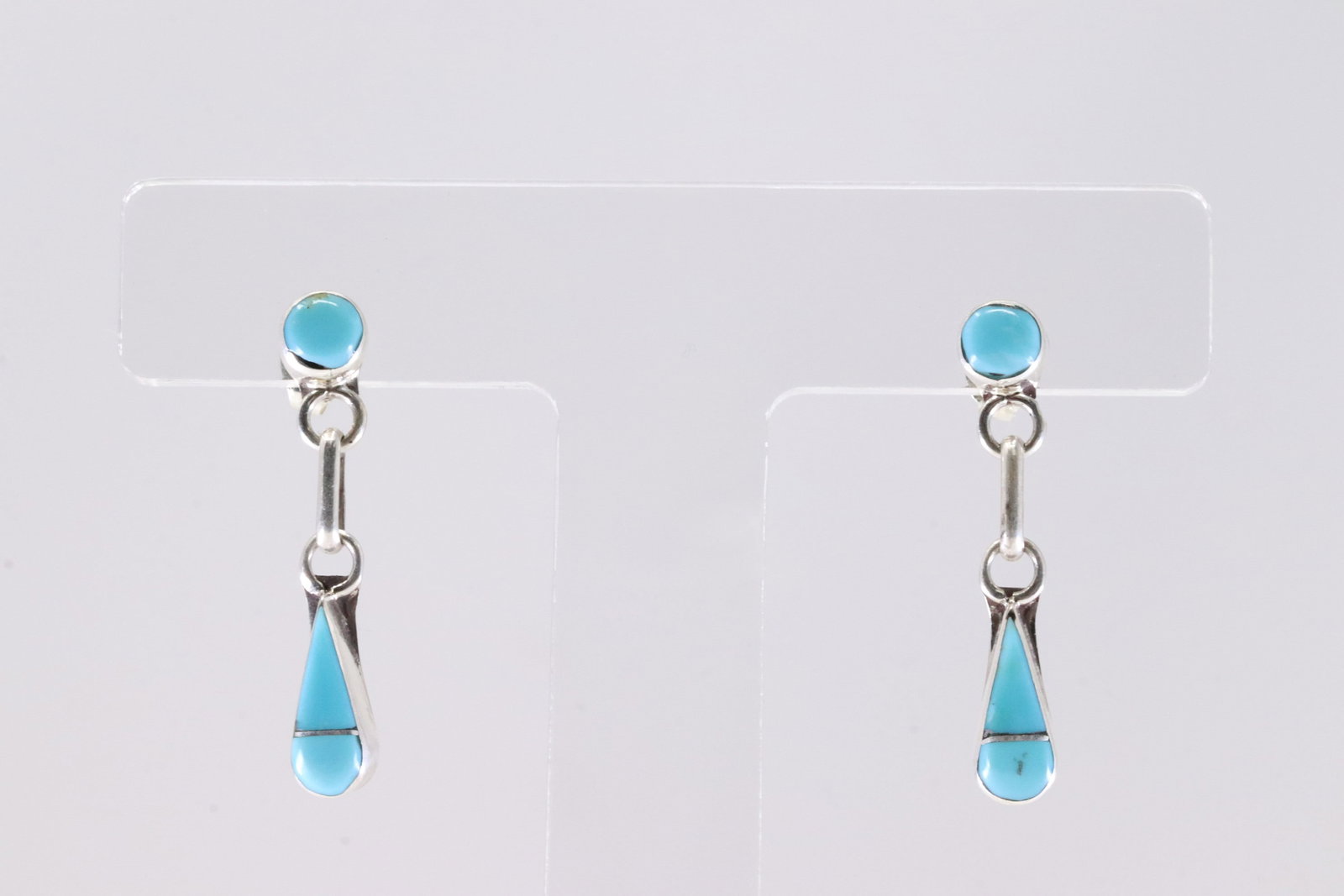 Native America Zuni Sterling Silver Turquoise Inlay Post Dangling Earring's By Velda Natacio.: This is a Native America Zuni Sterling Silver Turquoise Inlay Post Dangling Earring's By Velda Natacio. Stamp RVN.