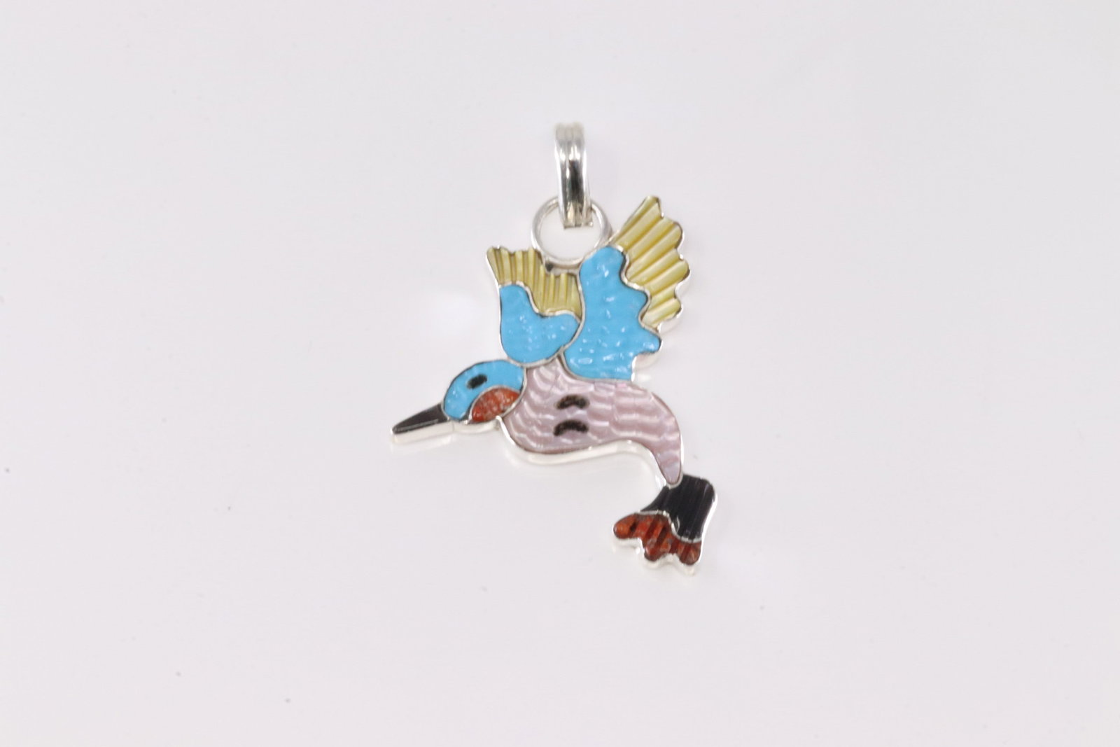 Native America Zuni Sterling Silver Multi-Color Hummingbird Pendant By Tamara Pinto.: This is a Native America Zuni Sterling Silver Multi-Color Hummingbird Pendant By Tamara Pinto.