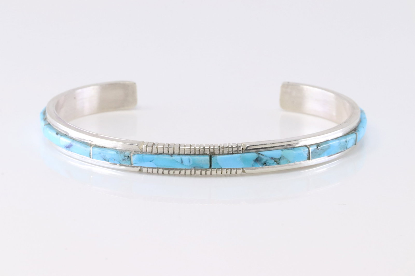 Native America Navajo Sterling Silver Turquoise Inlay Bracelet Cuff By SF. (1 of 4)