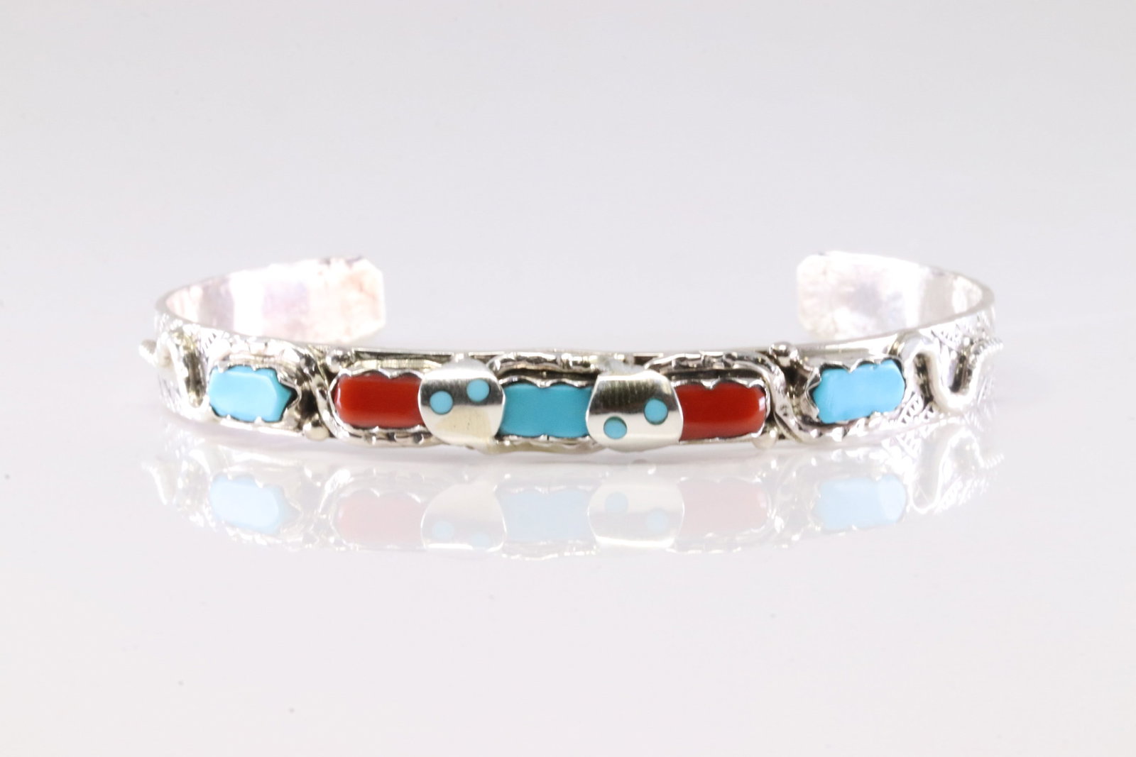 Native America Zuni Stearling Silver Coral & Turquoise Bracelet Cuff By Effie C.: This is a Native America Zuni Stearling Silver Coral & Turquoise Bracelet Cuff By Effie C. Stamp Effie C.