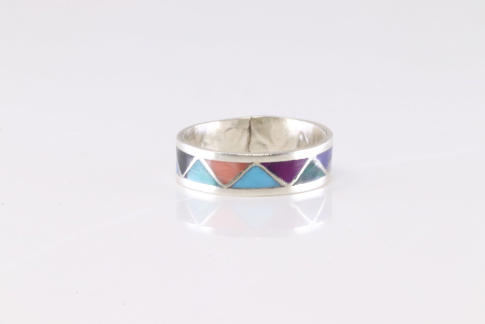 Native America Zuni Sterling Silver Multi-Color Stone Inlay Ring By R.: This is a Native America Zuni Sterling Silver Multi-Color Stone Inlay Ring By R. Ring size: 7.50.