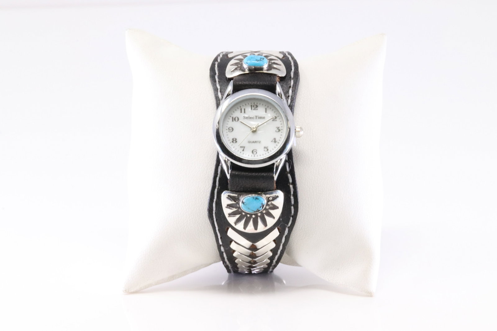Native America Navajo Sterling Silver Kingman Turquoise Leather Watch Bracelet By Frank Armstrong. (1 of 4)