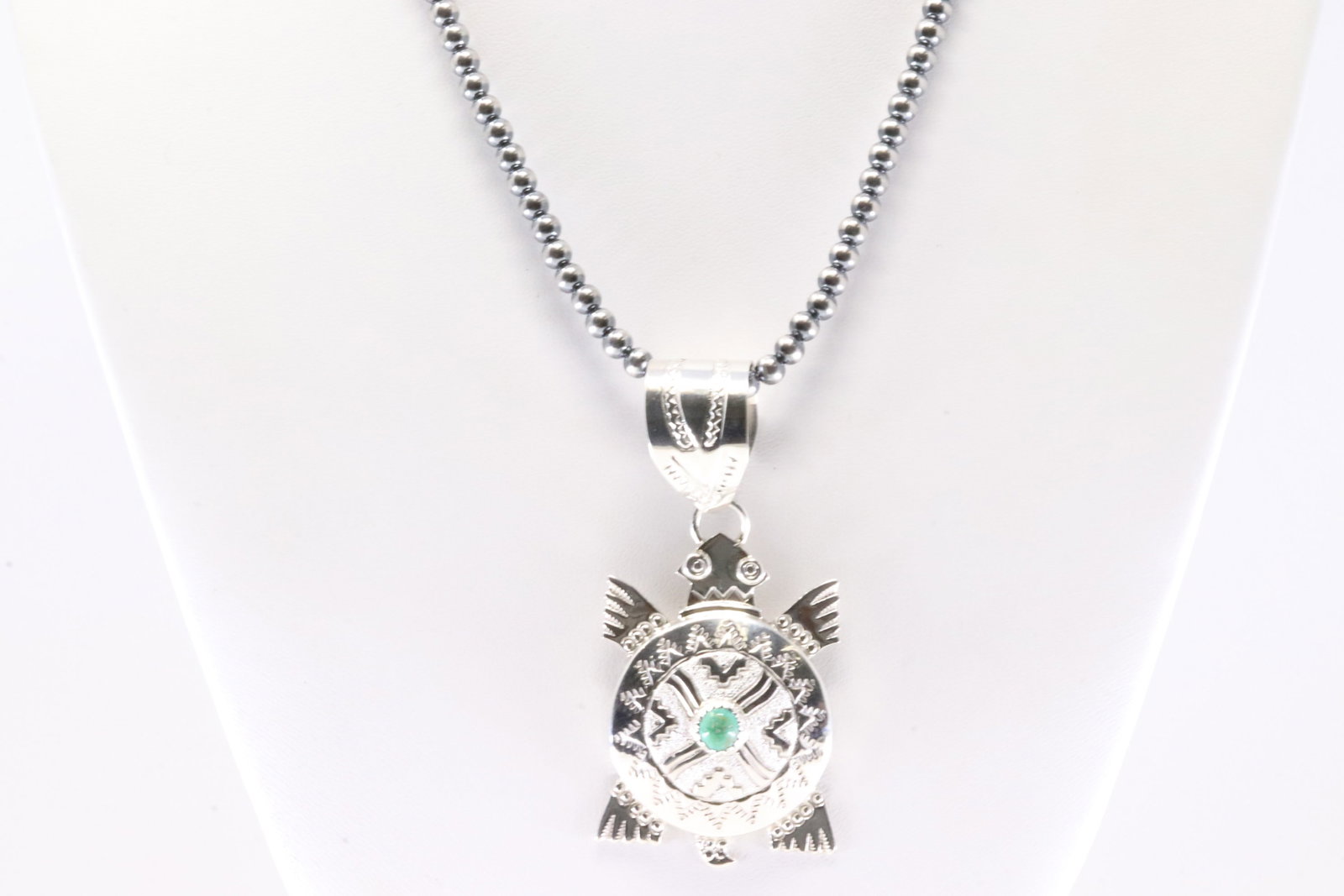 Native American Navajo Sterling Silver Turquoise Turtle Pendant By A.L. With Pearl Beaded Sterling (1 of 4)