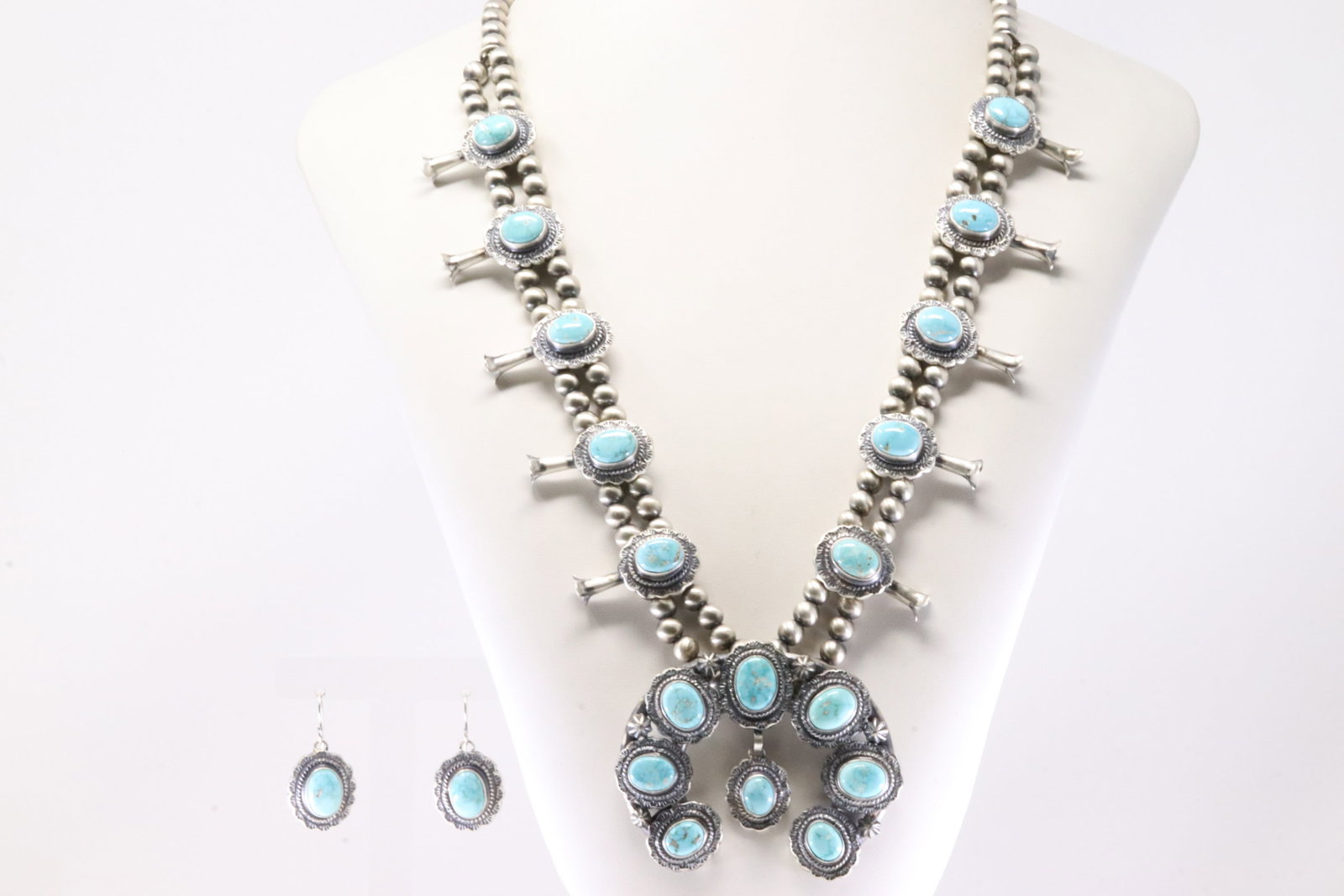 Native American Navajo Sterling Silver Turquoise Squash Blossom Necklace & Earring's Set By Thomas (1 of 7)