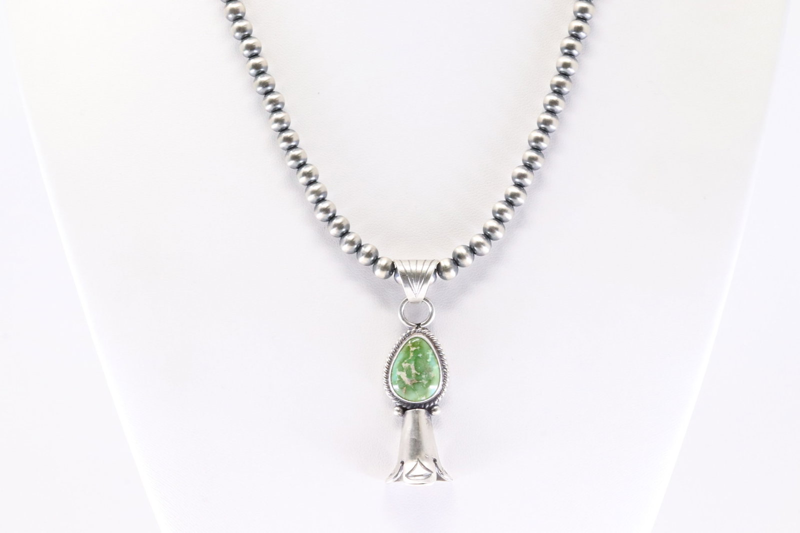 Native America Navajo Sterling Silver Sonora Gold Turquoise Blossom Pendant By Sharon McCarthy. With: This is a Native America Navajo Sterling Silver Sonora Gold Turquoise Blossom Pendant By Sharon McCarthy. With Pearl Beaded Sterling Silver Machine Made Necklace. Necklace length: 16.00"