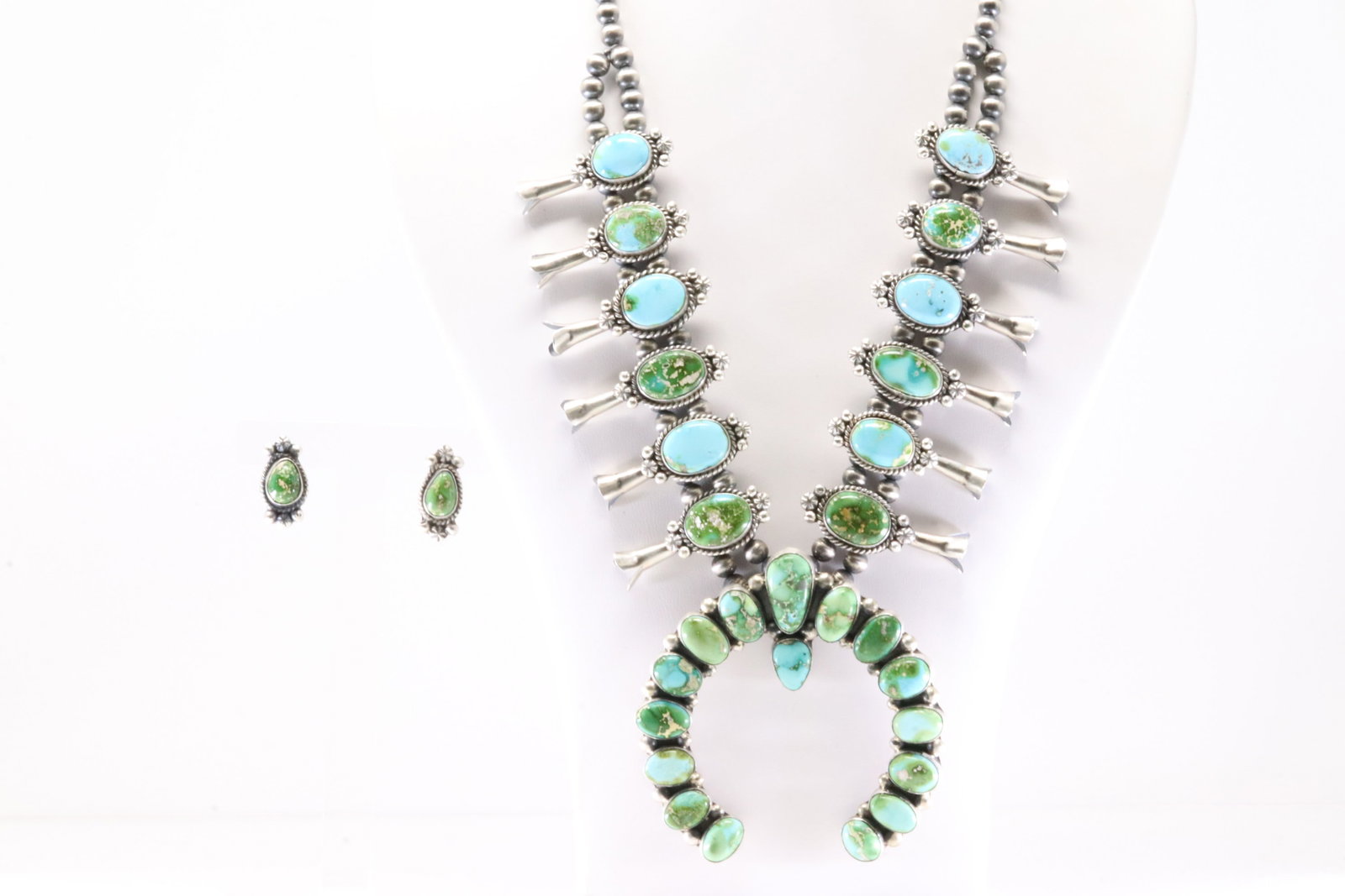 Native America Navajo Sterling Silver Sonora Gold Turquoise Squash Blossom Necklace & Earring's Set (1 of 6)