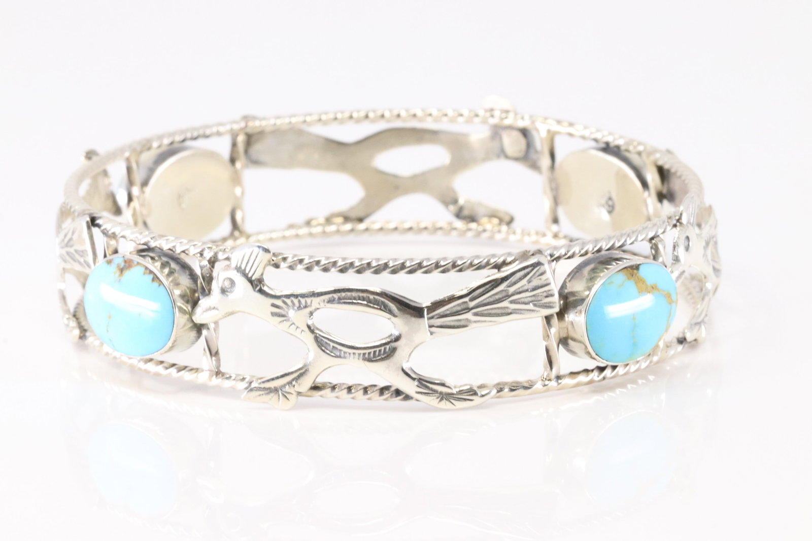 Native America Navajo Sterling Silver Turquoise Roadrunner Bangel Bracelet Cuff By David Lopez. From (1 of 3)