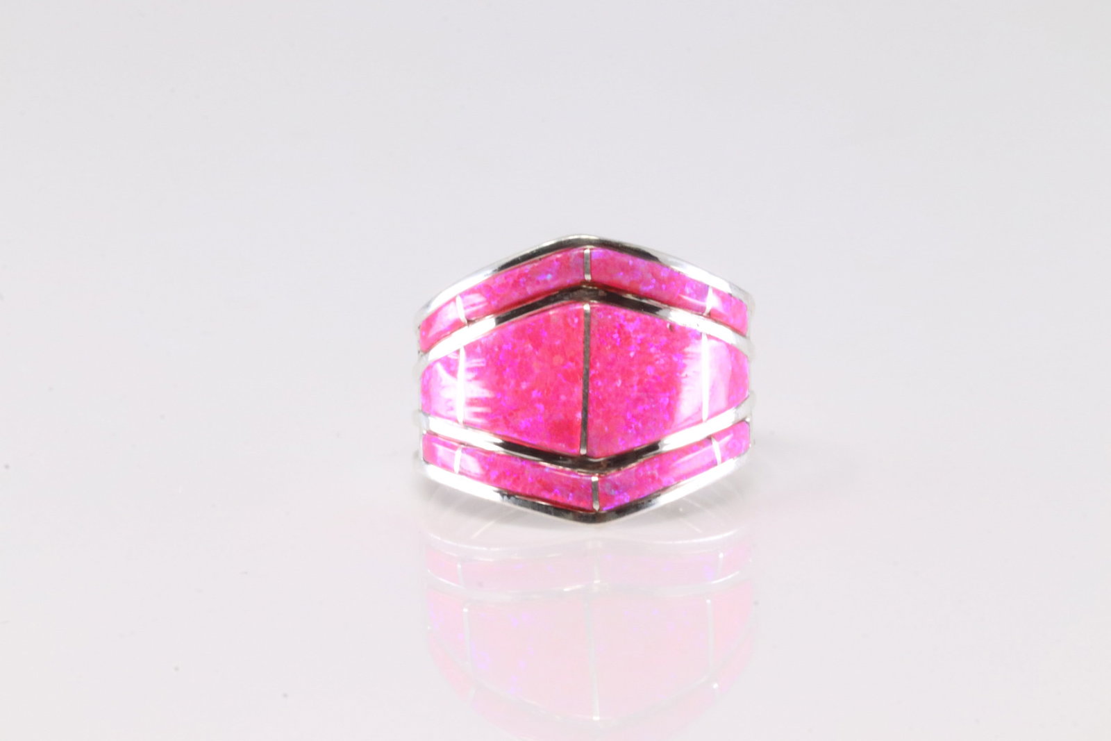 Native America Navajo Sterling Silver Pink Synthetic Opal Ring By A.E.: This is a Native America Navajo Sterling Silver Pink Synthetic Opal Ring By A.E. Ring size: 8.25.