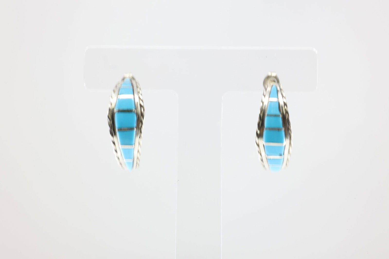 Native America Zuni Sterling Silver Turquoise Inlay Post Earring's By Malcolm Chavez.: This is a Native America Zuni Sterling Silver Turquoise Inlay Post Earring's By Malcolm Chavez. Stamp MC.