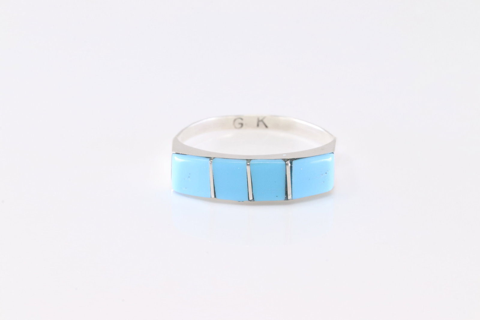 Native America Zuni Sterling Silver Turquoise Inlay Ring By G.K.: This is a Native America Zuni Sterling Silver Turquoise Inlay Ring By G.K. Ring size: 8.00.