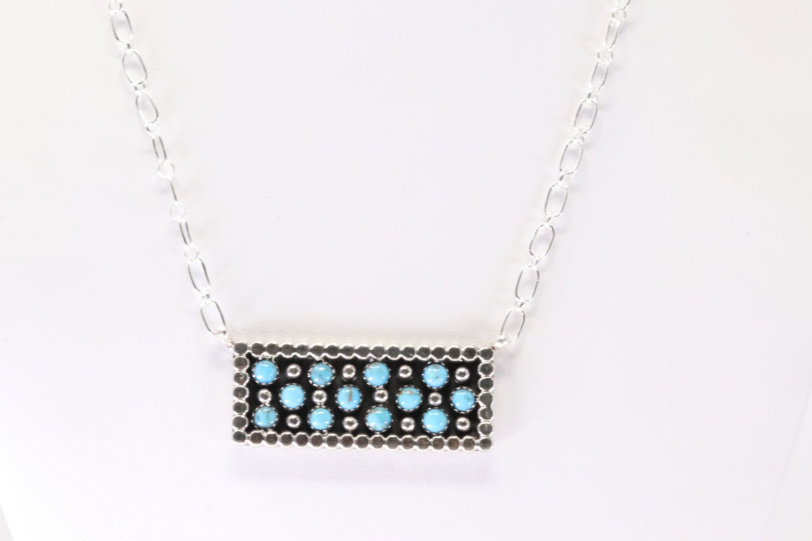 Native America Navajo Sterling Silver Turquoise Necklace By Kenny Lonjose.: This is a Native America Navajo Sterling Silver Turquoise Necklace By Kenny Lonjose. Stamp Z. Necklace Length: 16.00.