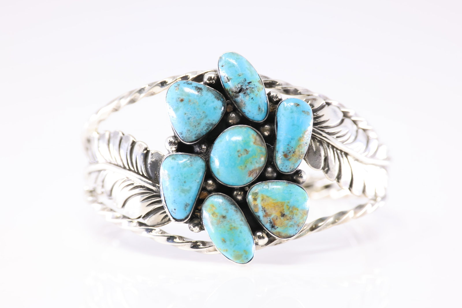 Native America Navajo Sterling Silver Turquoise Bracelet Leaf Cuff By P.A.Smith.: This is a Native America Navajo Sterling Silver Turquoise Bracelet Leaf Cuff By P.A.Smith. Stamp P.A. Smith.