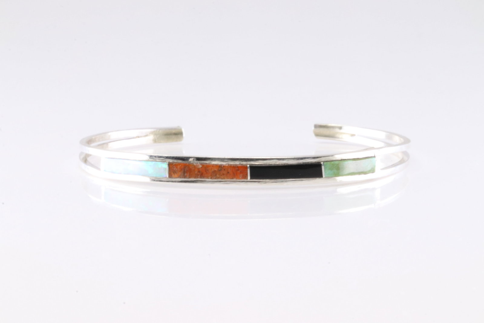 Native America Navajo Sterling Silver Multi-Color Stone Inlay Bracelet Cuff By Jamie.: This is a Native America Navajo Sterling Silver Multi-Color Stone Inlay Bracelet Cuff By Jamie.