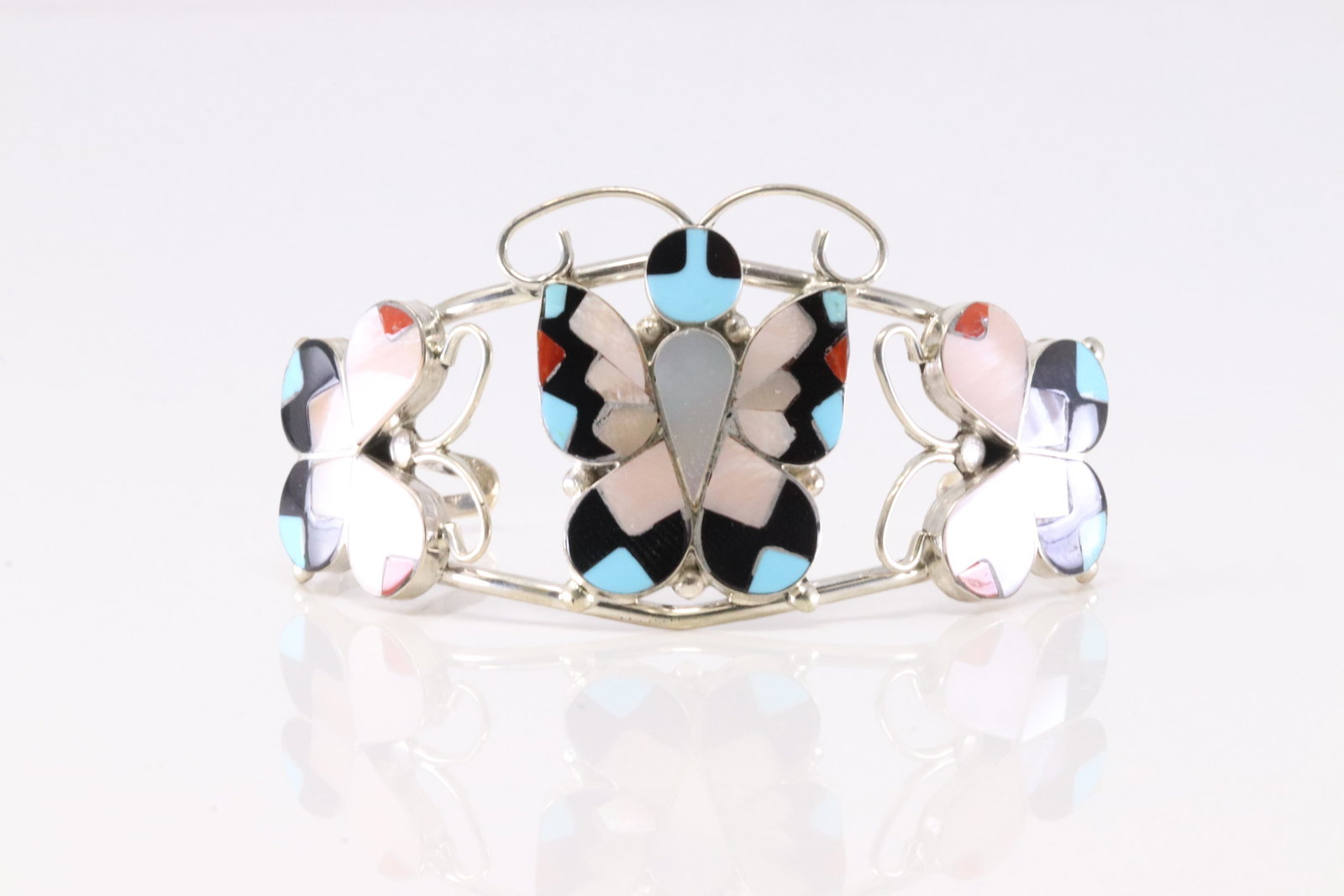 Native America Zuni Sterling Silver Multi-Color Stone Butterfly Bracelet Cuff By A.Dishta. (1 of 4)