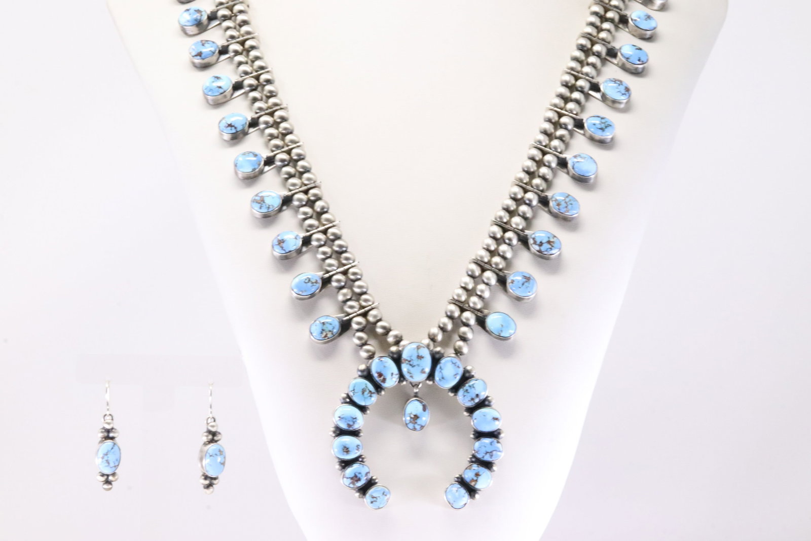 Native America Navajo Sterling Silver Golden Hill Turquoise Squash Necklace & Earring's Set By - 2
