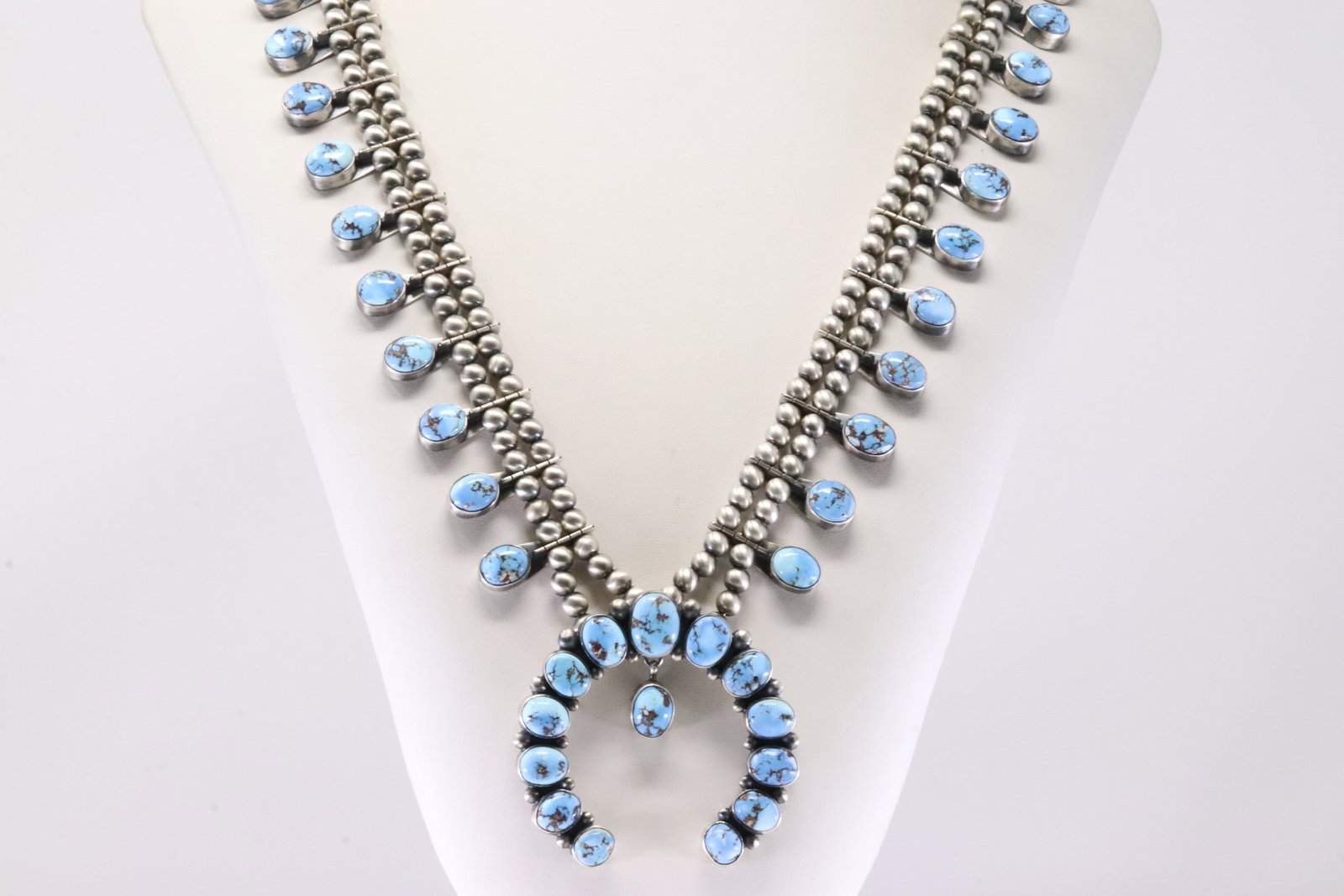 Native America Navajo Sterling Silver Golden Hill Turquoise Squash Necklace & Earring's Set By - 5