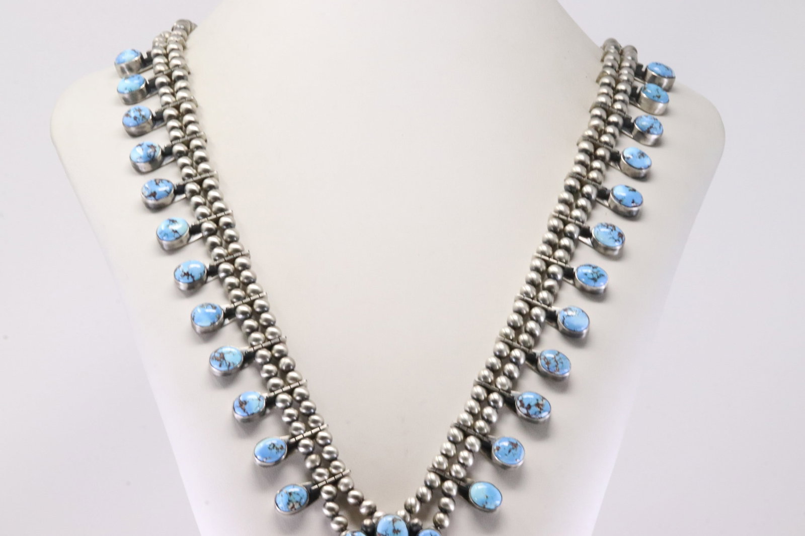 Native America Navajo Sterling Silver Golden Hill Turquoise Squash Necklace & Earring's Set By - 6