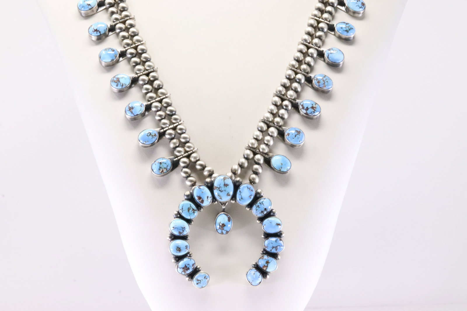 Native America Navajo Sterling Silver Golden Hill Turquoise Squash Necklace & Earring's Set By - 7