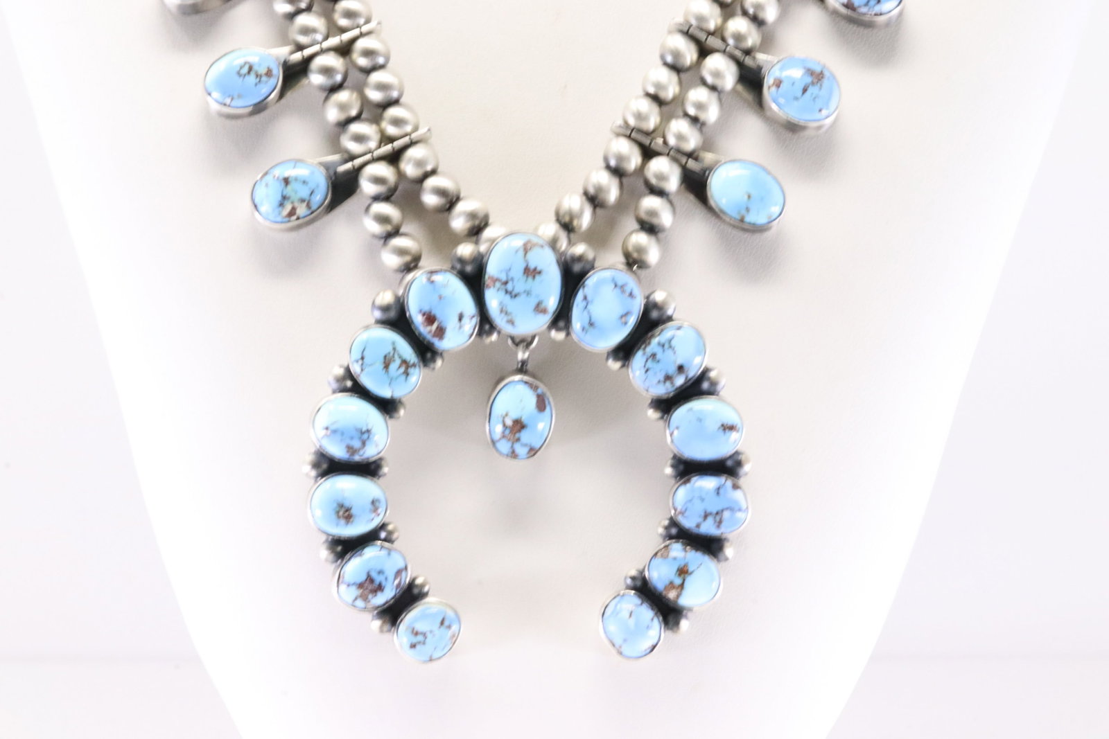 Native America Navajo Sterling Silver Golden Hill Turquoise Squash Necklace & Earring's Set By - 8