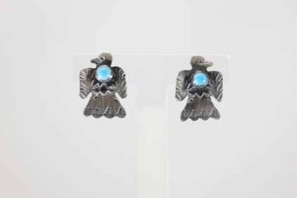 Native America Navajo Sterling Silver Kingman Turquoise Thunderbird Post Earring's By Gabriela