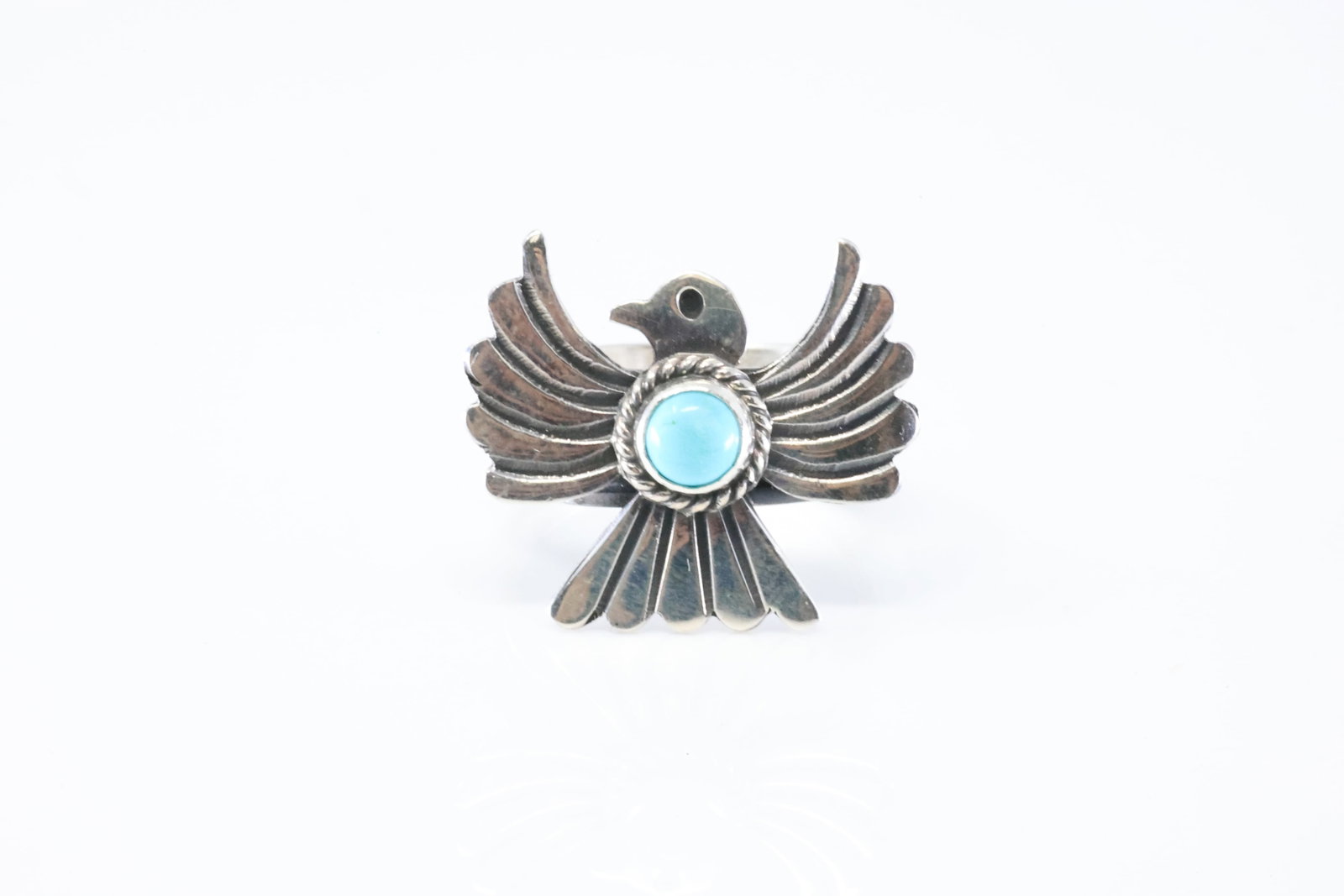 Native America Navajo Sterling Silver Turquoise Thunderbird Ring By Delayne Reeves.: This is a Native America Navajo Sterling Silver Turquoise Thunderbird Ring By Delayne Reeves. Stamp Delayne Reeves. Ring Size: 8.50.