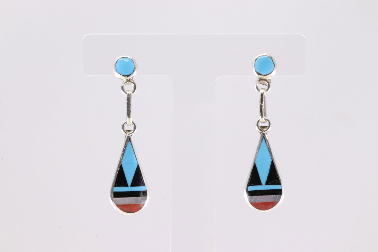Native America Zuni Sterling Silver Multi-Color Stone Inlay Post / Dangling Earring's By Boone. (1 of 4)
