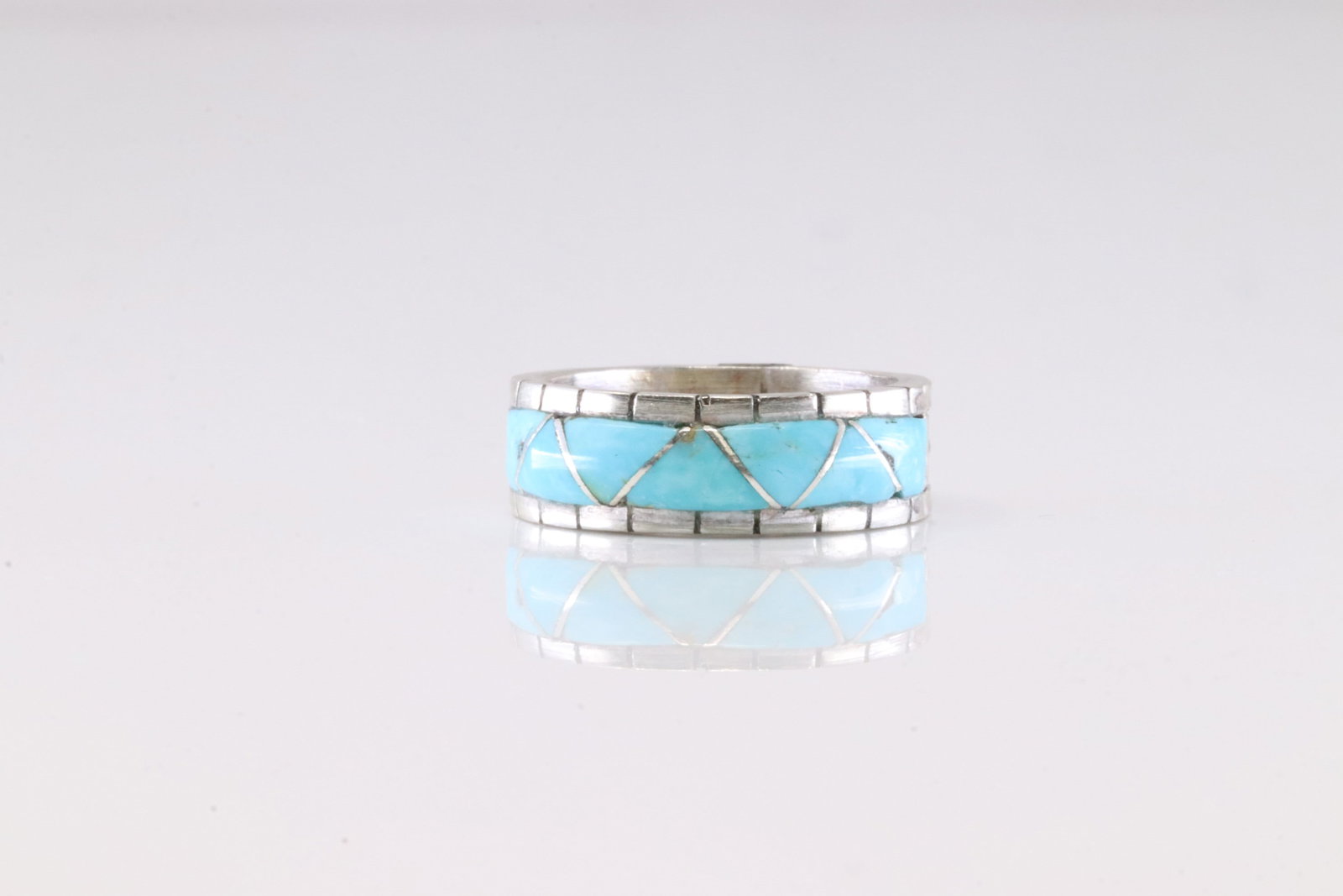 Native America Zuni Sterling Silver Turquoise Inlay Ring By Lucio. (1 of 4)