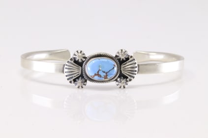 Native America Navajo Sterling Silver Golden Hill Turquoise Bracelet Cuff By Genevieve Francisco.