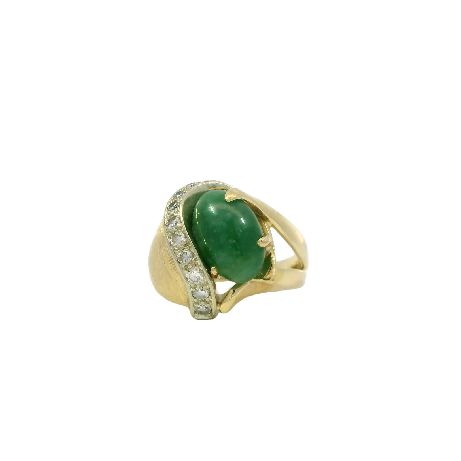 Jade & Diamond Ring 14Kt.: 14Kt Yellow Gold Jade & Diamond Ring. This exquisite ring features a stunning jade centerpiece, elegantly set in a luxurious gold band. The design is accentuated by a delicate row of 10 sparkling