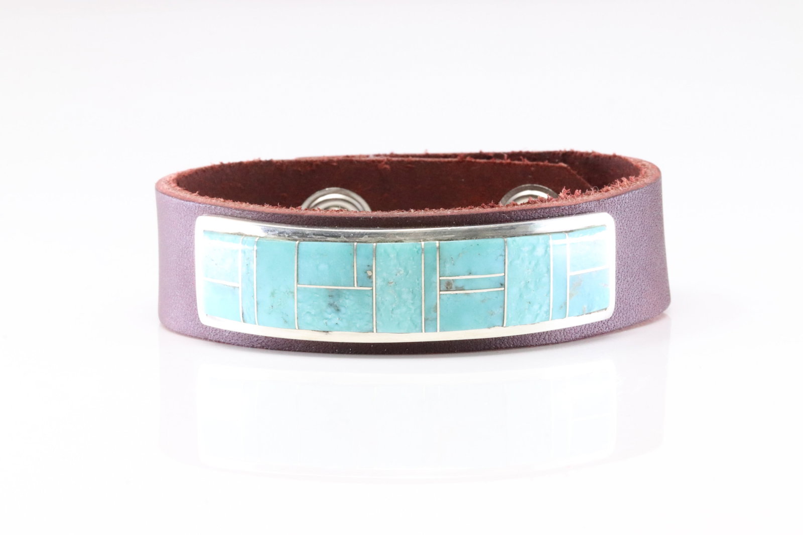 Native America Navajo Sterling Silver Turquoise Inlay Leather Bracelet By Hato Hasi.: This is a Native America Navajo Sterling Silver Turquoise Inlay Leather Bracelet By Hato Hasi.