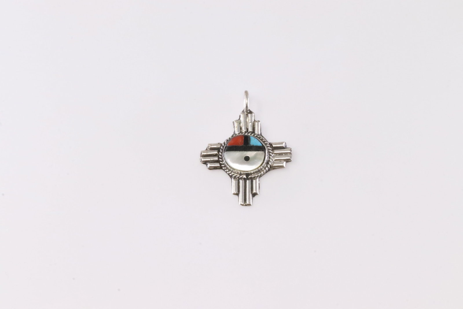 Native America Zuni Sterling Silver Multi-Color Stone Inlay Pendant By C.C.: This is a Native America Zuni Sterling Silver Multi-Color Stone Inlay Pendant By C.C. Stamp CC.