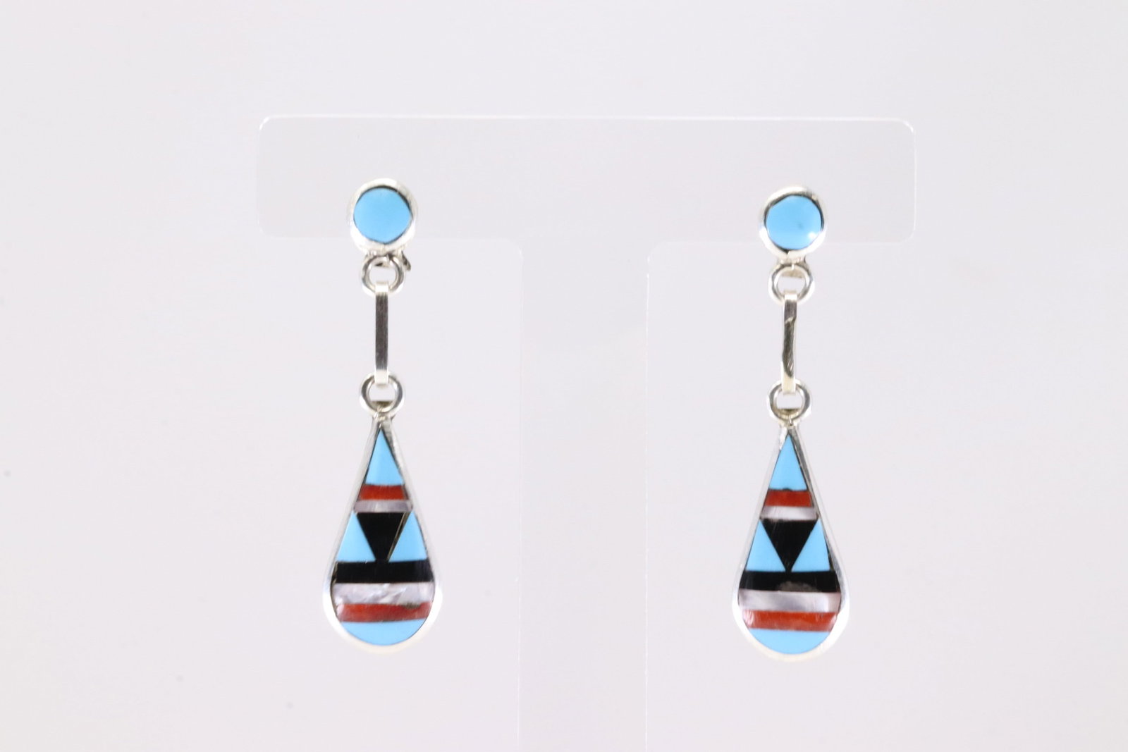 Native America Zuni Sterling Silver Multi-Color Stone Inlay Post / Dangling Earring's By Boone.: This is a Native America Zuni Sterling Silver Multi-Color Stone Inlay Post / Dangling Earring's By Boone.
