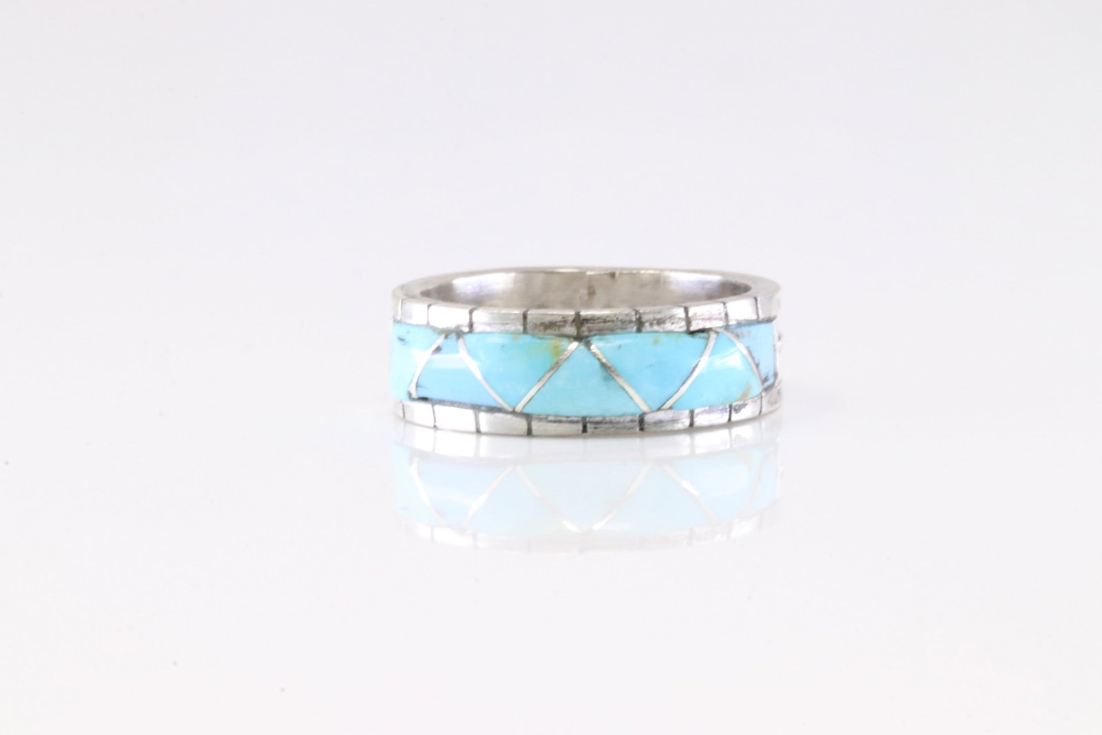 Native America Zuni Sterling Silver Turquoise Inlay Ring By Lucio. (1 of 4)