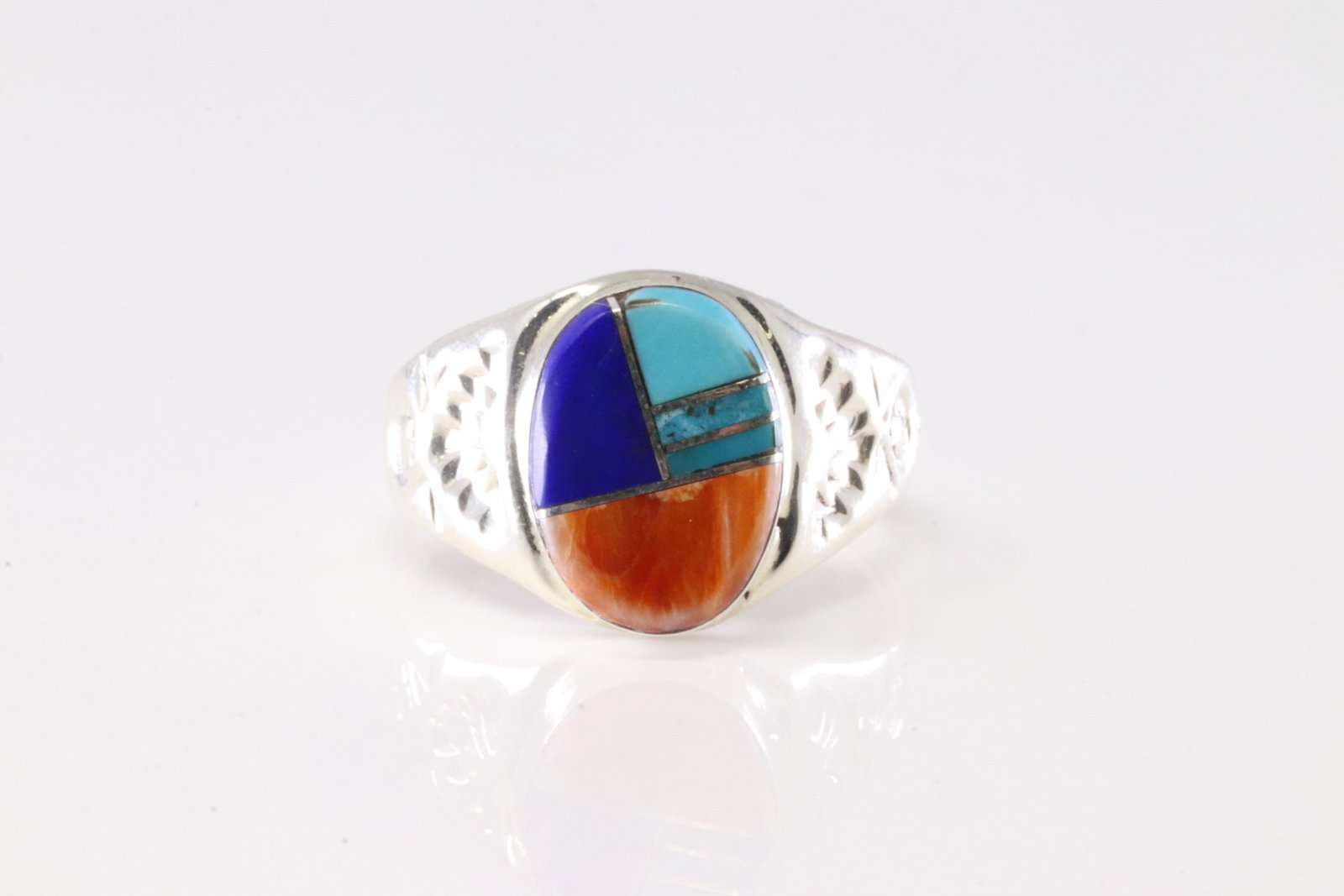 Native America Navajo Sterling Silver Multi-Color Stone Inlay Ring By P.L.: This is a Native America Navajo Sterling Silver Multi-Color Stone Inlay Ring By P.L. Ring size: 10.25.