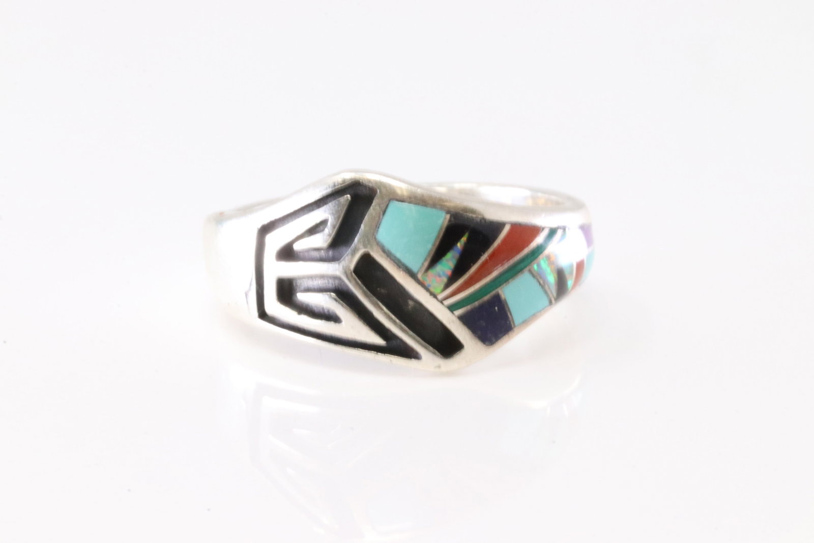 America Sterling Silver Multi-Color Stone Inlay Ring.: This is a America Sterling Silver Multi-Color Stone Inlay Ring. Ring size: 9.75.