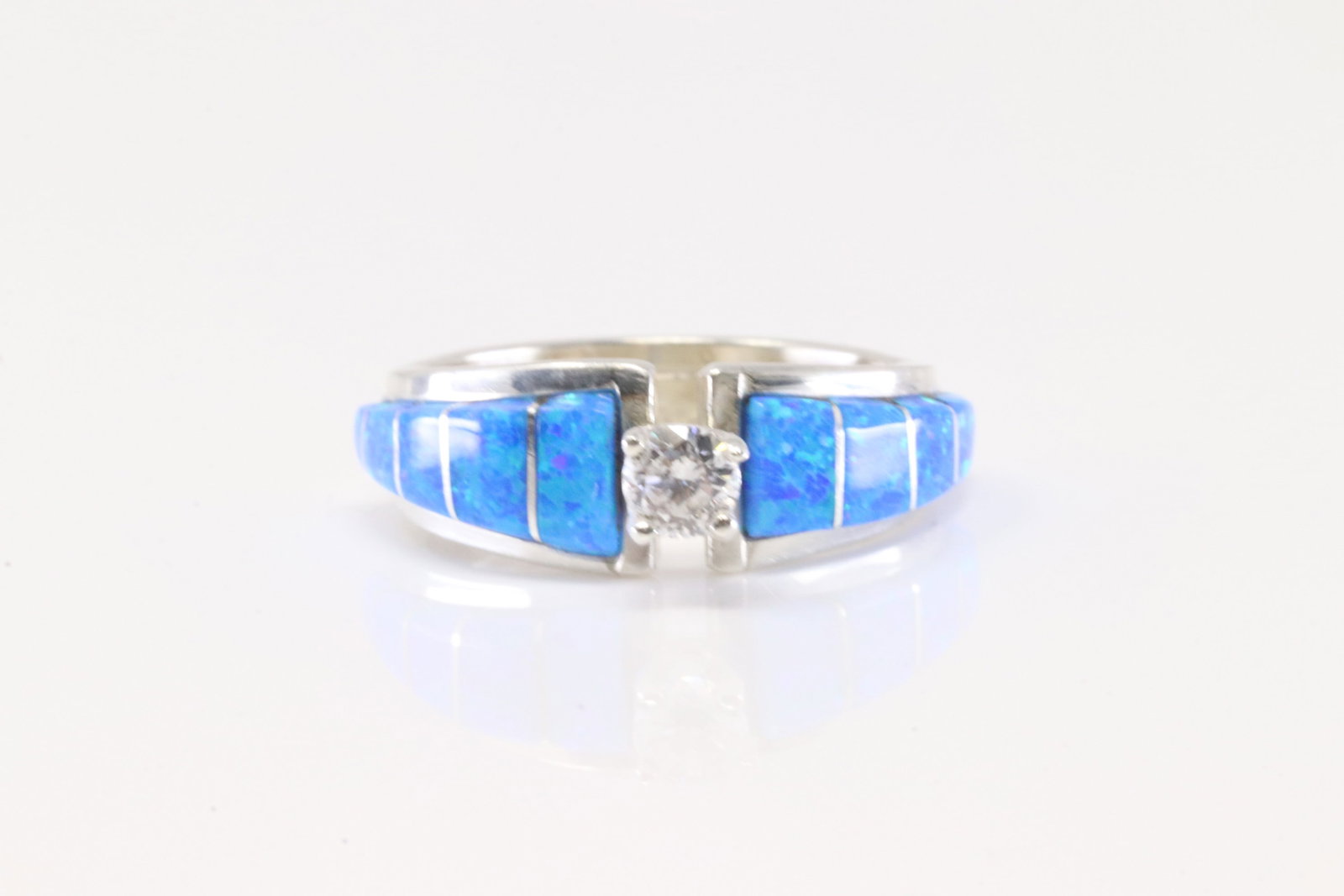 Native America Zuni Sterling Silver Engagement Blue Opal Inlay Ring By M.J.S.: This is a Native America Zuni Sterling Silver Engagement Blue Opal Inlay Ring By M.J.S. Ring size: 5.50.