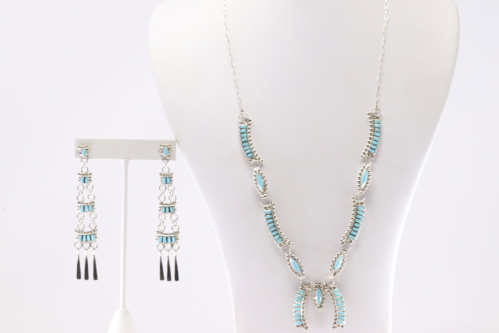 Native America Zuni Sterling Silver Turquoise Necklace & Earring's Set By L.S.: This is a Native America Zuni Sterling Silver Turquoise Necklace & Earring's Set By L.S. Necklace length: 22.00"