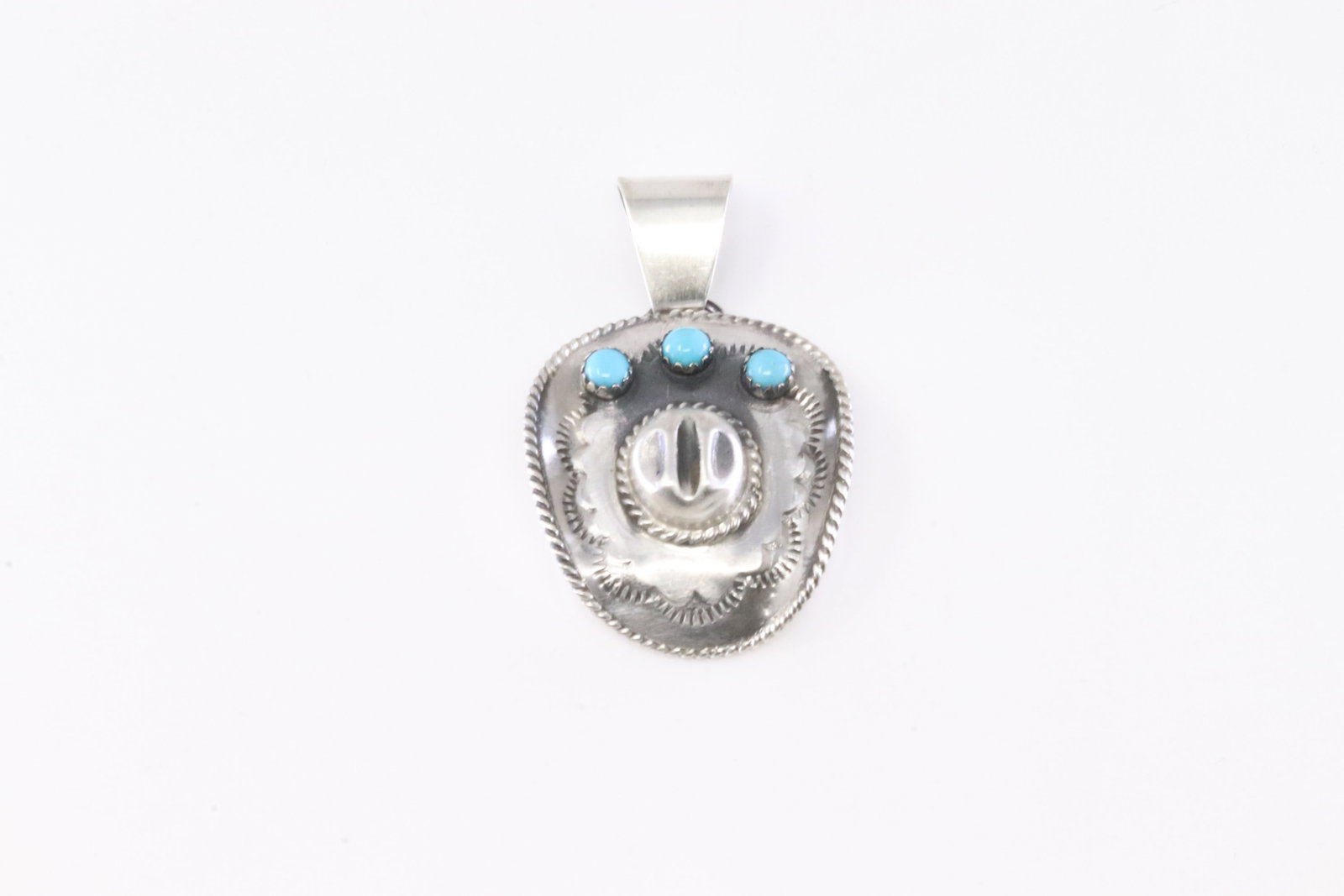 Native America Navajo Sterling Silver Turquoise Cowboy Hat Pendant By Bobby Platero.: This is a Native America Navajo Sterling Silver Turquoise Cowboy Hat Pendant By Bobby Platero. Stamp From R.B Company.