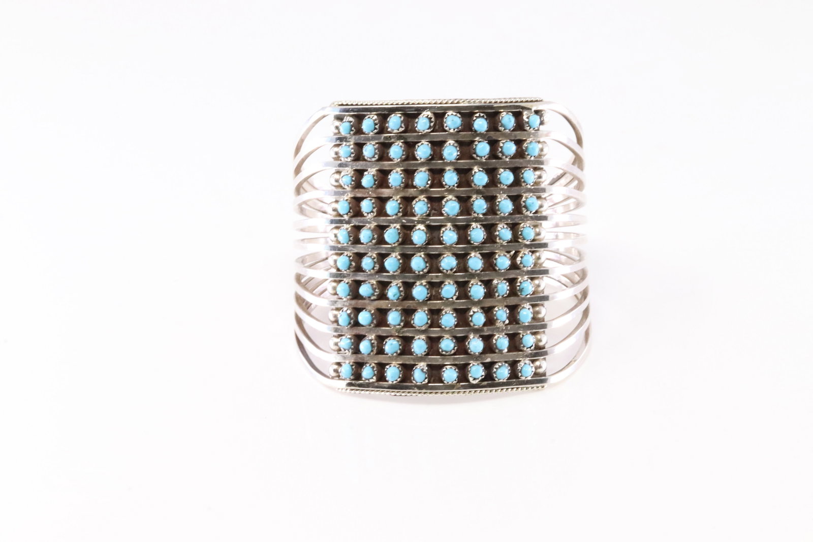 Native America Zuni Sterling Silver 10 Rows Turquoise Bracelet Cuff By S.L.: This is a Native America Zuni Sterling Silver 10 Rows Turquoise Bracelet Cuff By S.L.