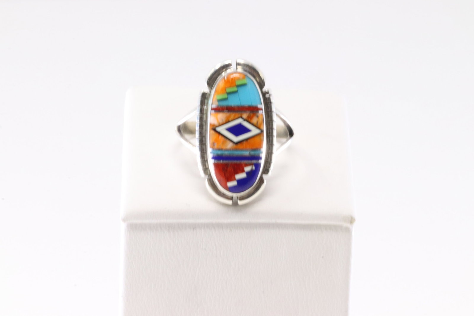 Native America Navajo Sterling Silver Multi-Color Stone Inlay Ring By D.D.: This is a Native America Navajo Sterling Silver Multi-Color Stone Inlay Ring By D.D. Ring size: 7.50.