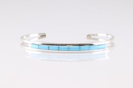 Native America Zuni Sterling Silver Turquoise Inlay Bracelet Cuff By A.L.W.